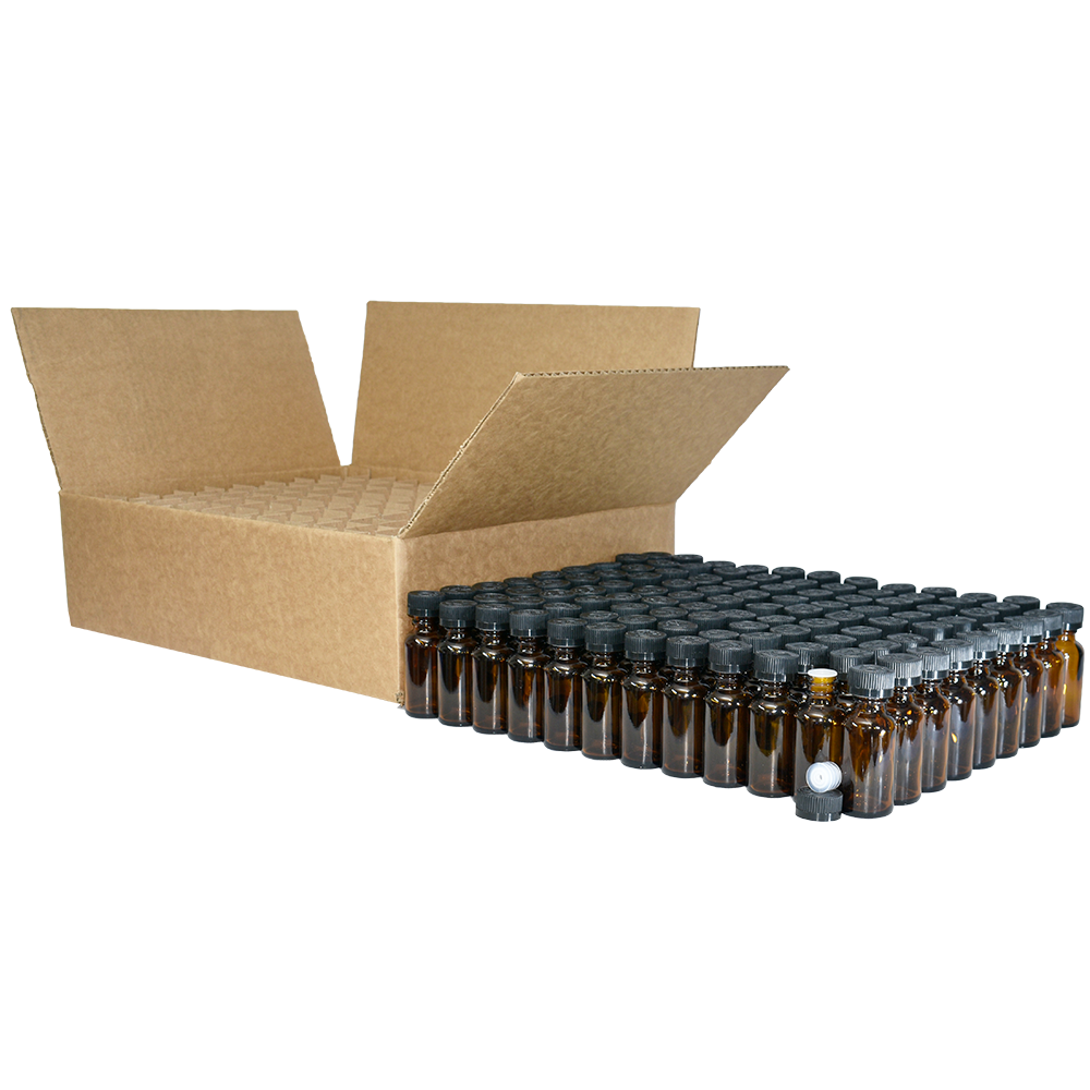 1 oz. Amber Boston Round with Reducer and Black Child-Resistant Cap (20/400) (V23) (V6)