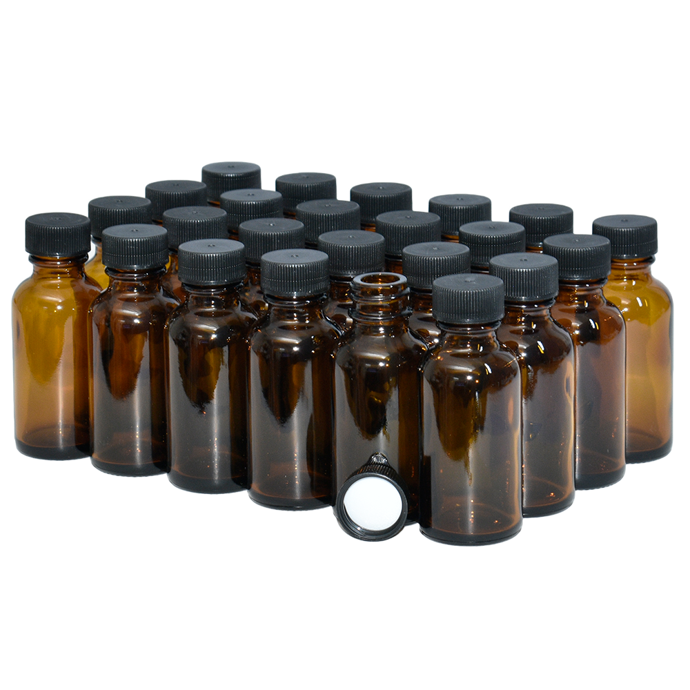 1 oz. Amber Boston Round with Black Cap (20/400) (V23) (V6)-Glass Bottle Outlet