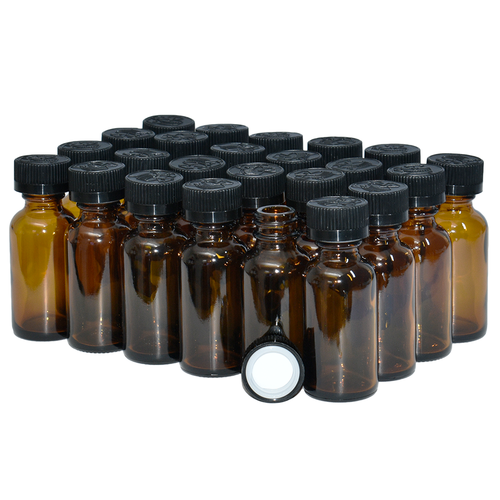 1 oz. Amber Boston Round with Black Child-Resistant Cap (20/400) (V23) (V6)-Glass Bottle Outlet