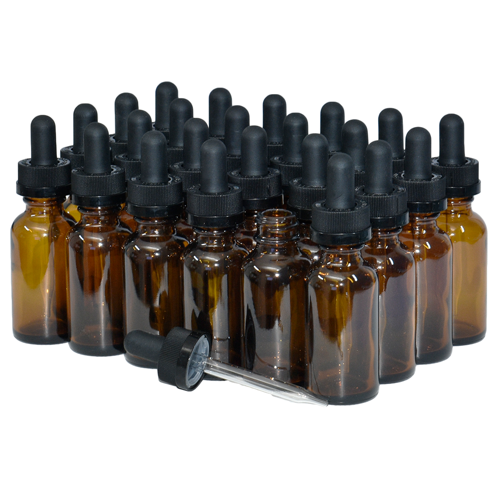 1 oz. Amber Boston Round with Black Child-Resistant Dropper (20/400) (V23) (V8)-Glass Bottle Outlet