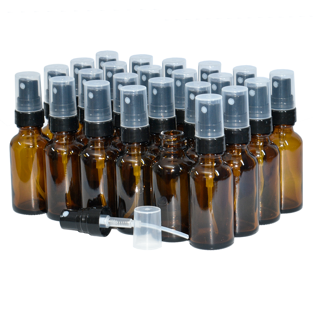1 oz. Amber Boston Round with Black Fine-Mist Sprayer (Smooth) (.16 ml Per Spray) (20/400) (V8) (V20)
