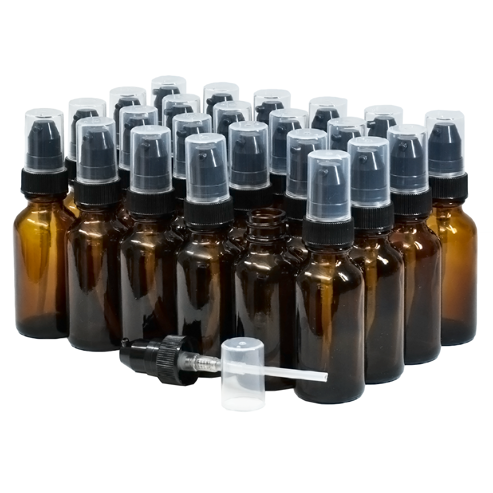 1 oz. Amber Boston Round with Black Treatment Pump (20/400) (V5) (V20)