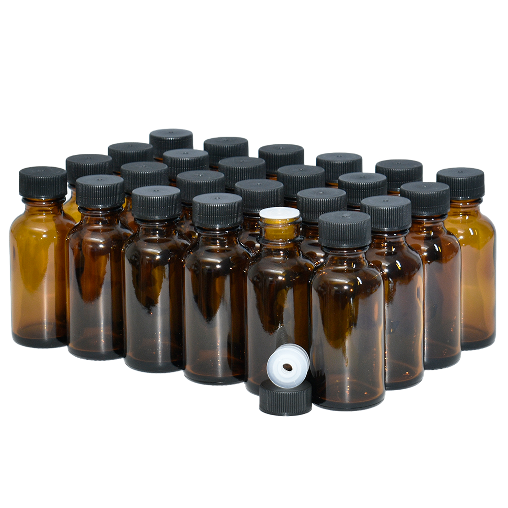 1 oz. Amber Boston Round with Reducer and Black Cap (20/400) (V23) (V6)-Glass Bottle Outlet