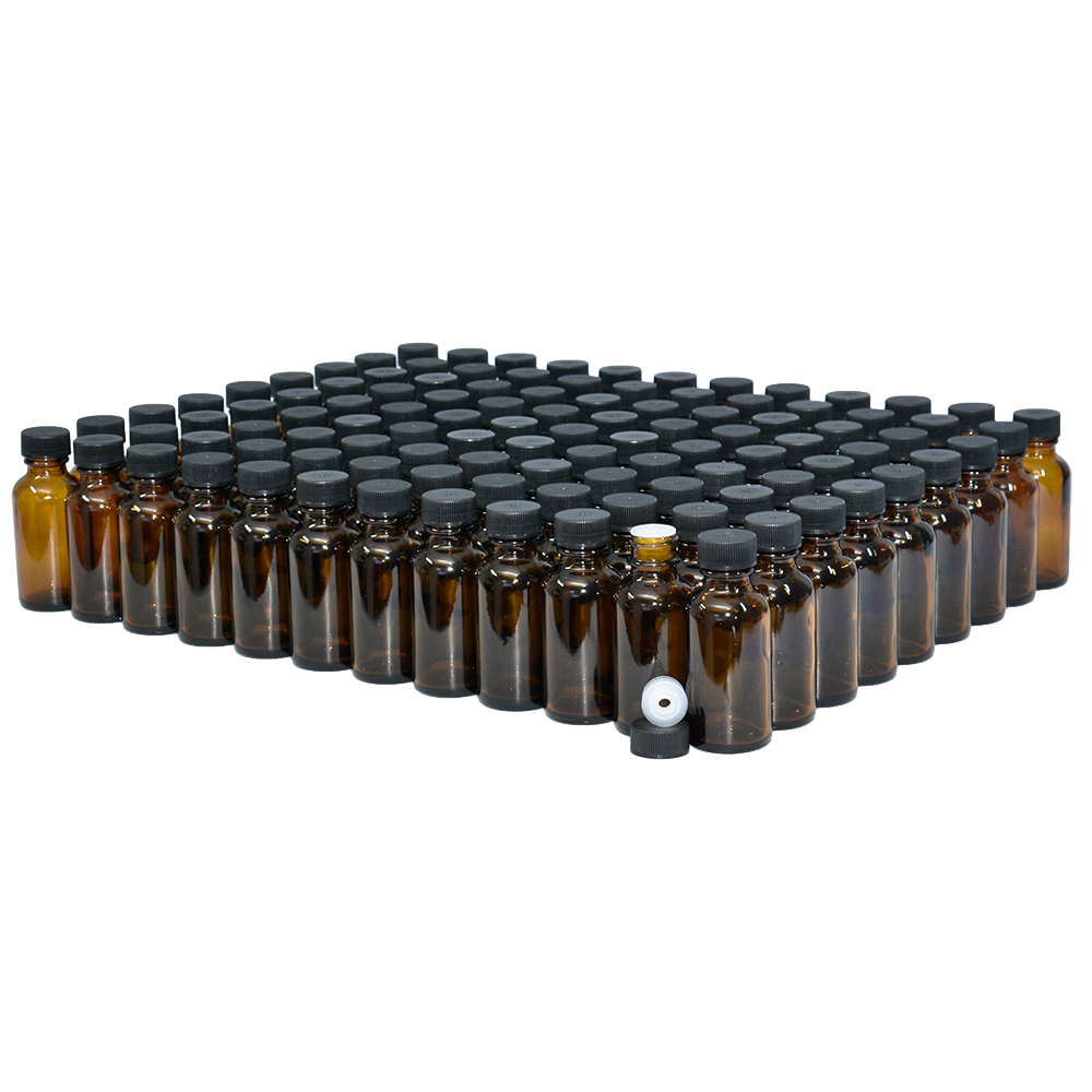 1 oz. Amber Boston Round with Reducer and Black Cap (20/400) (V8) (V6)