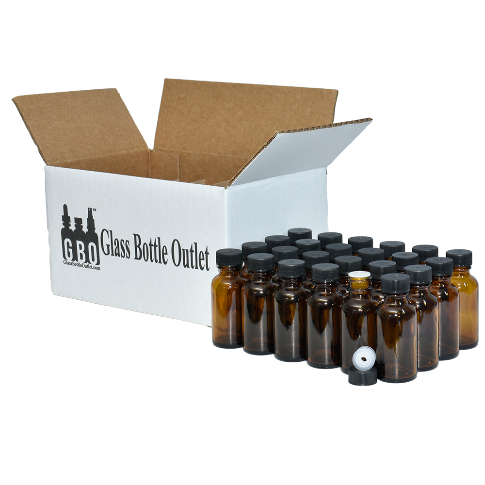 1 oz. Amber Boston Round with Reducer and Black Cap (20/400) (V8) (V6)