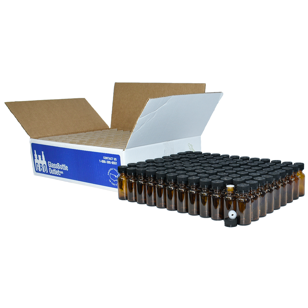 1 oz. Amber Boston Round with Reducer and Black Child-Resistant Cap (20/400) (V8) (V6)