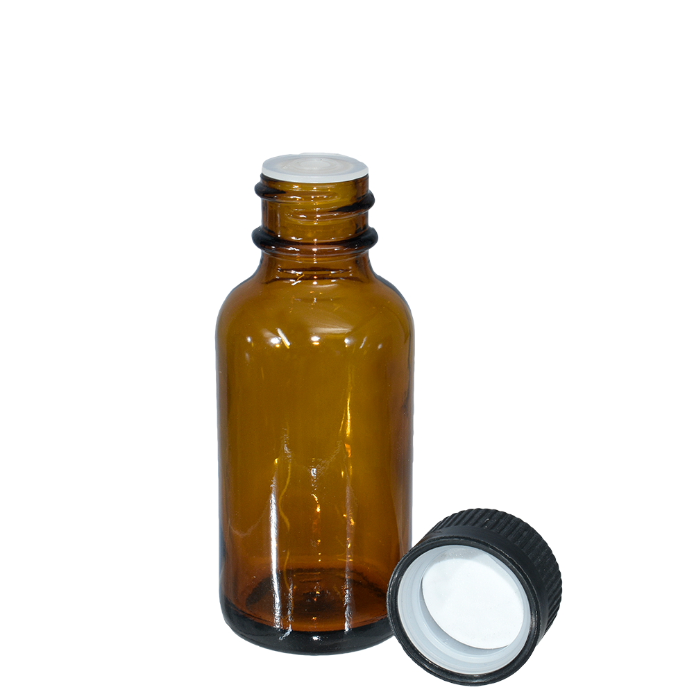 1 oz. Amber Boston Round with Reducer and Black Child-Resistant Cap (20/400) (V8) (V6)