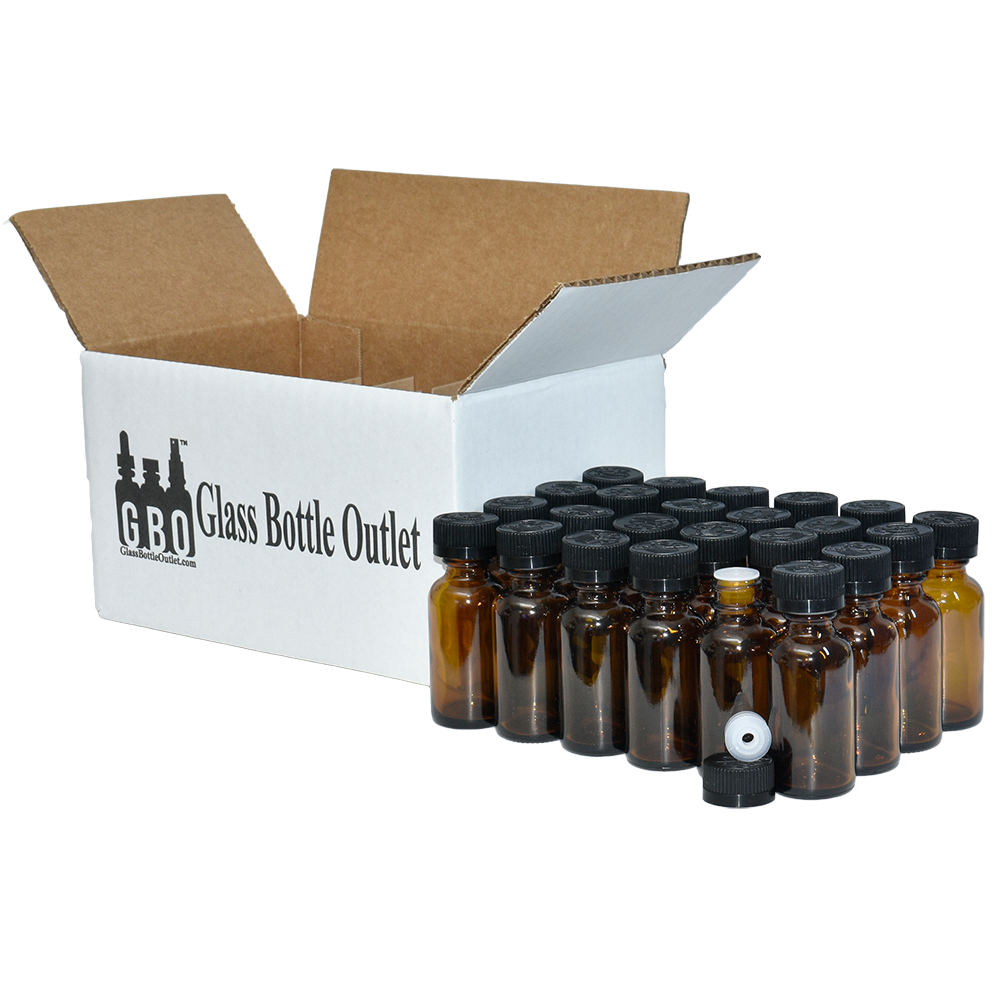 1 oz. Amber Boston Round with Reducer and Black Child-Resistant Cap (20/400) (V8) (V6)