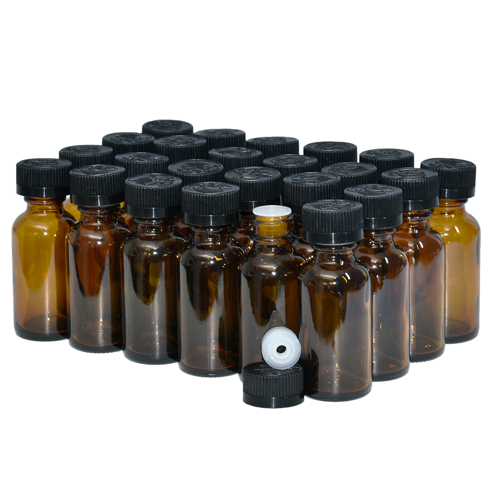 1 oz. Amber Boston Round with Reducer and Black Child-Resistant Cap (20/400) (V8) (V6)