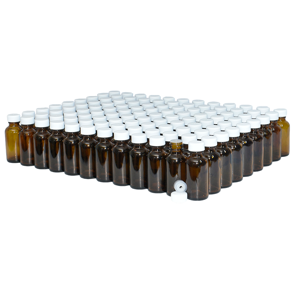 1 oz. Amber Boston Round with Reducer and White Cap (20/400) (V8) (V1)