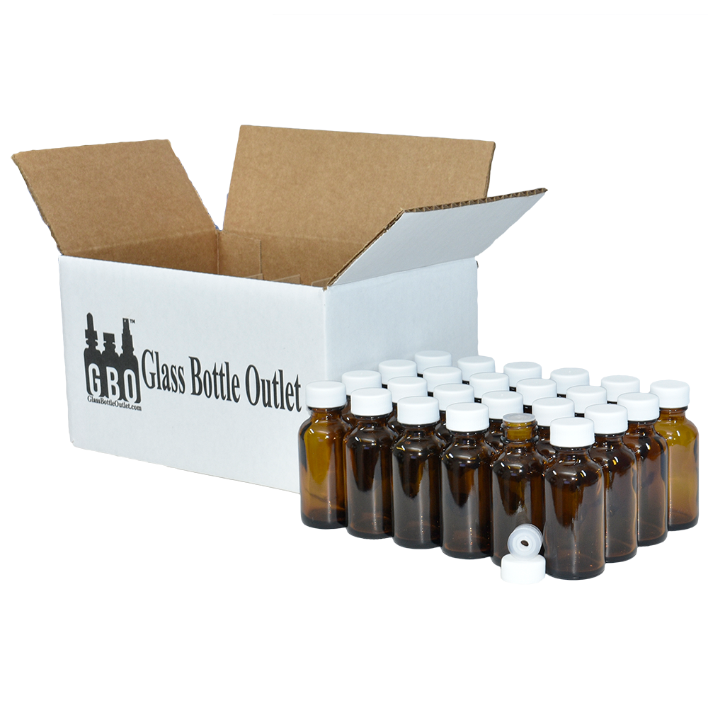 1 oz. Amber Boston Round with Reducer and White Cap (20/400) (V8) (V1)