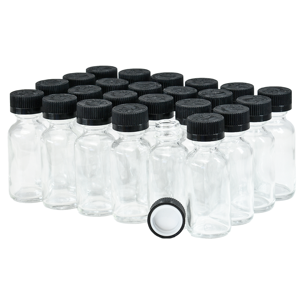 1 oz. Clear Boston Round with Reducer and Black Cap (20/400) (V23) (V6), 24 Pack