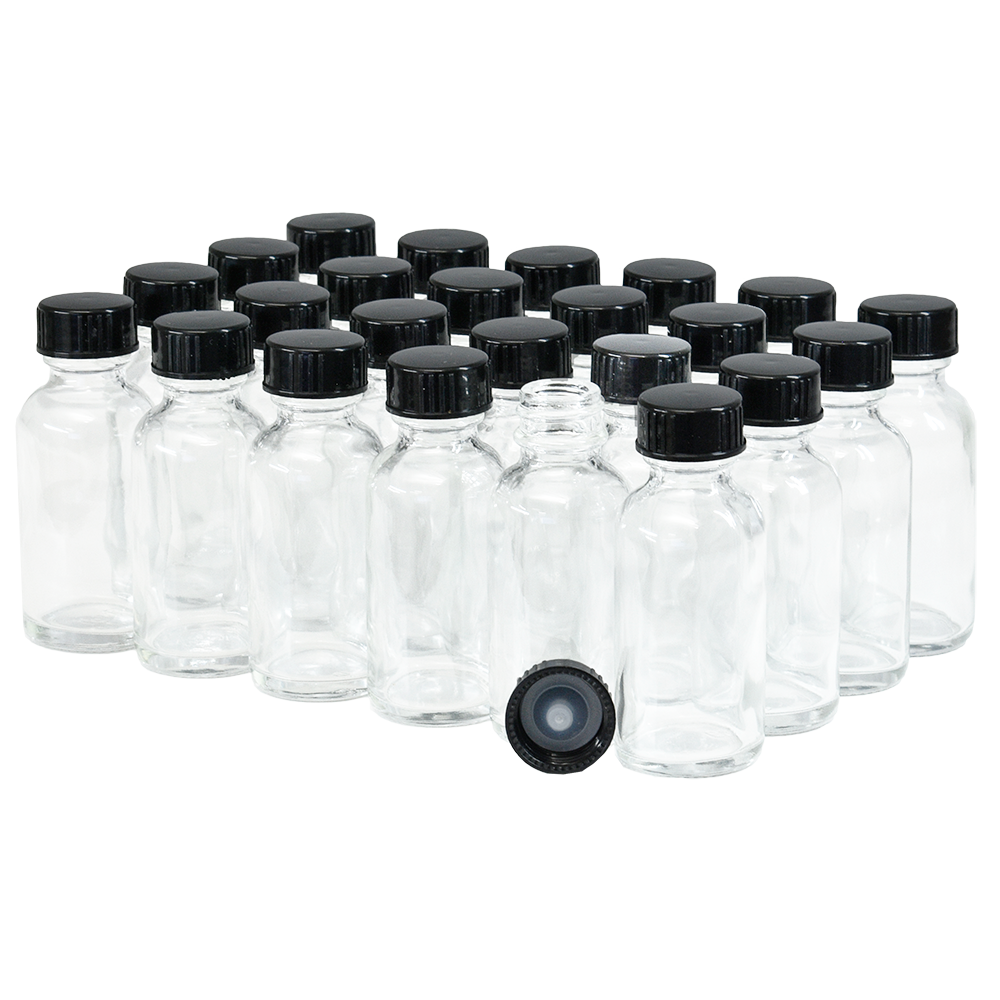 1 oz. Clear Boston Round with Black Cone Lined Cap (20/400) (V20) (V20)