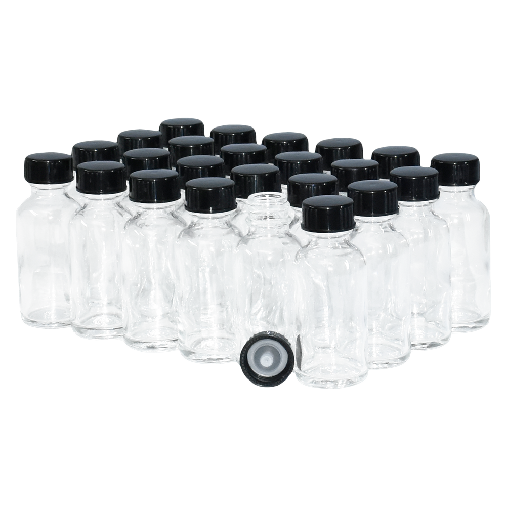1 oz. Clear Boston Round with Black Cone Lined Cap (20/400) (V23) (V20)-Glass Bottle Outlet