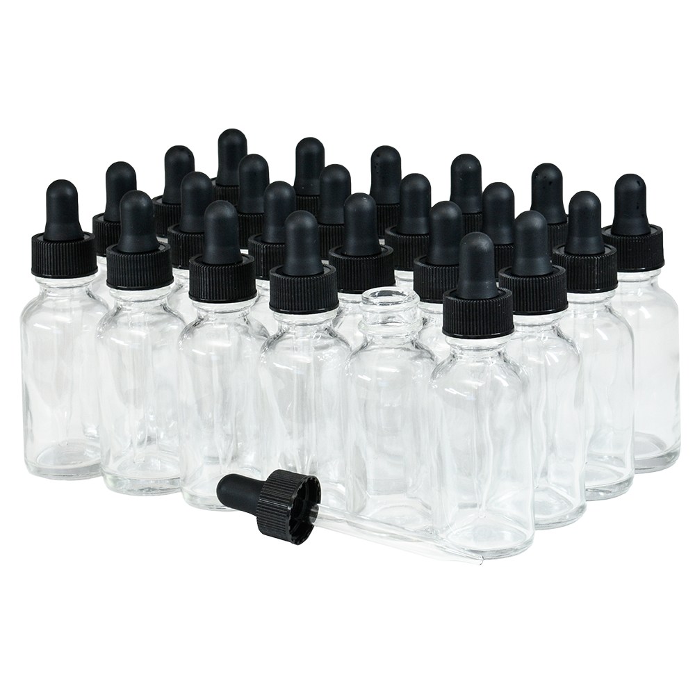 1 oz. Clear Boston Round with Black Glass Dropper (20/400) (V23) (V8)-Glass Bottle Outlet