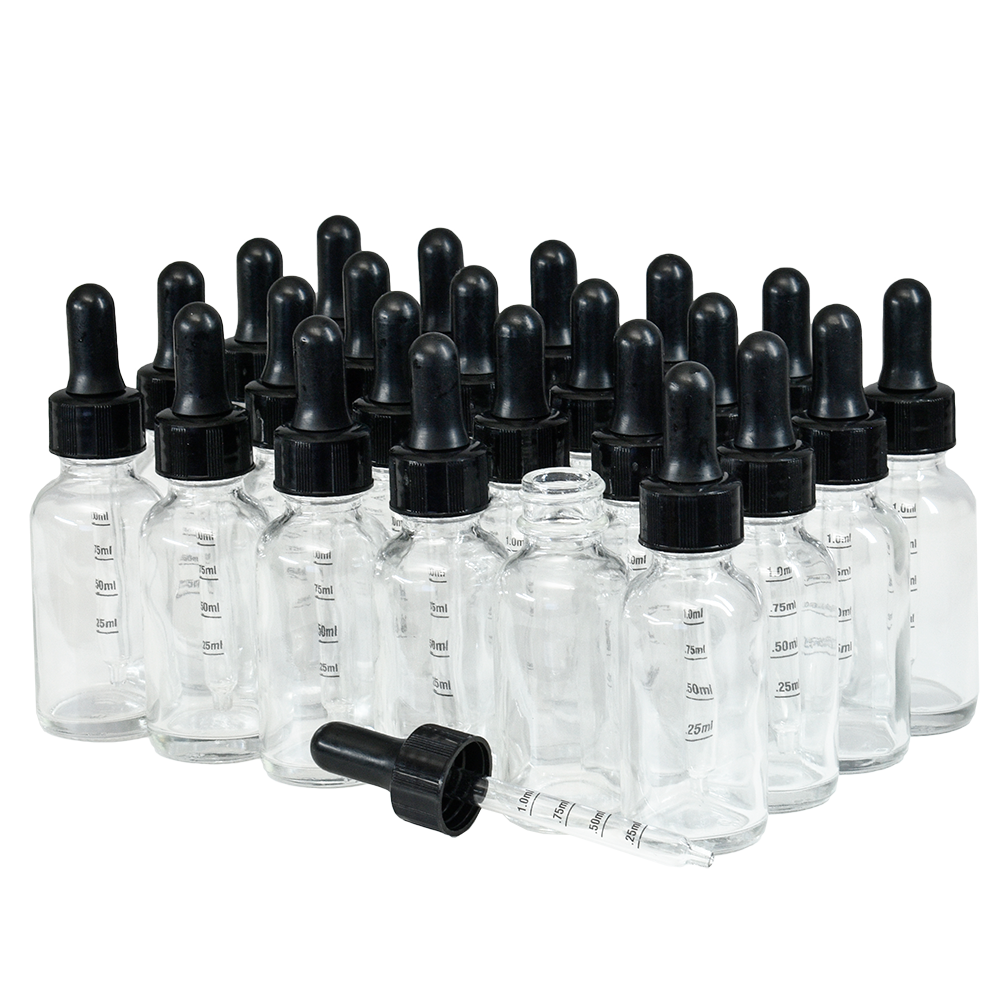 1 oz. Clear Boston Round with Black Graduated Nitrile Glass Dropper (20/400) (V20) (V12)