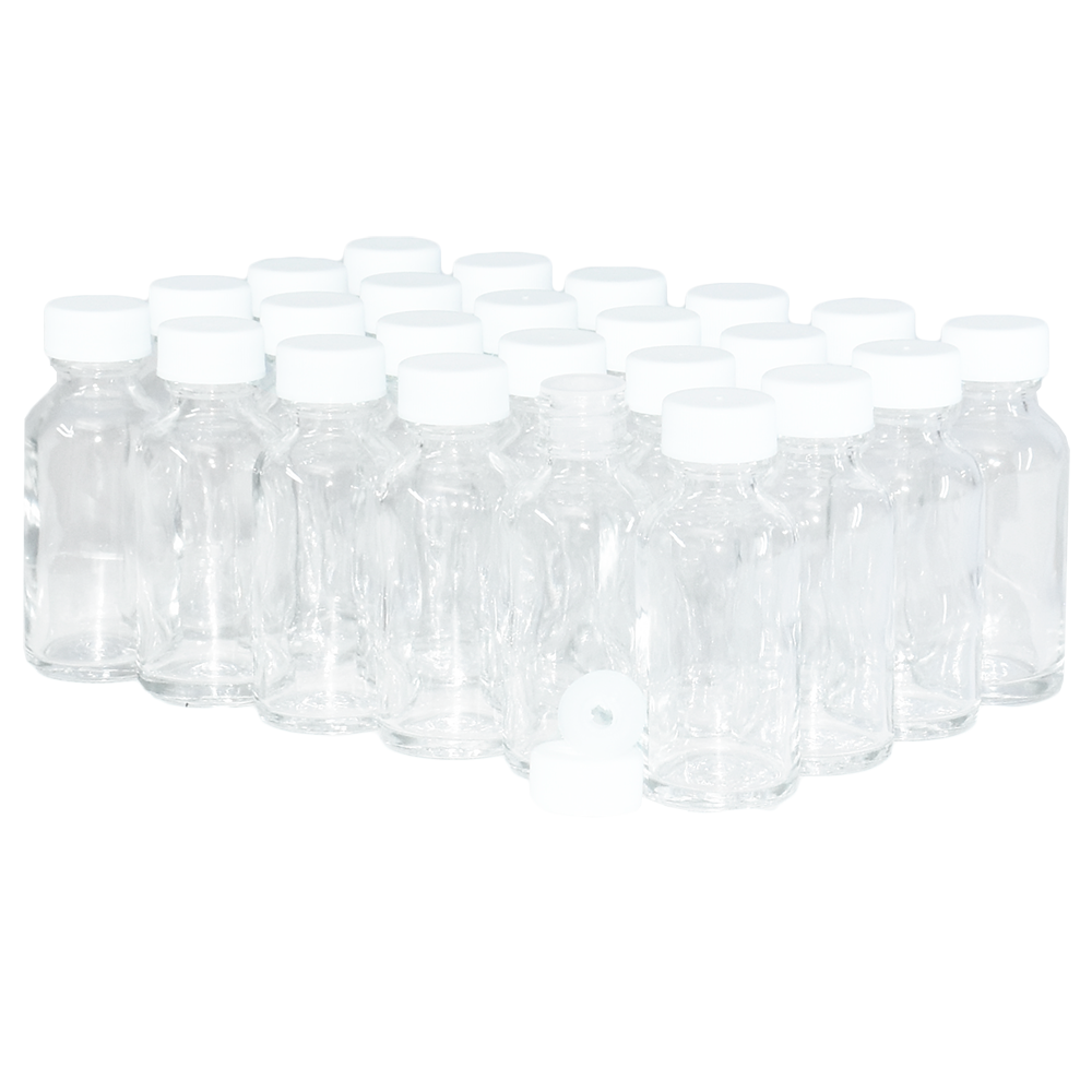 1 oz. Clear Boston Round with Reducer and White Cap (20/400) (V23) (V1)-Glass Bottle Outlet