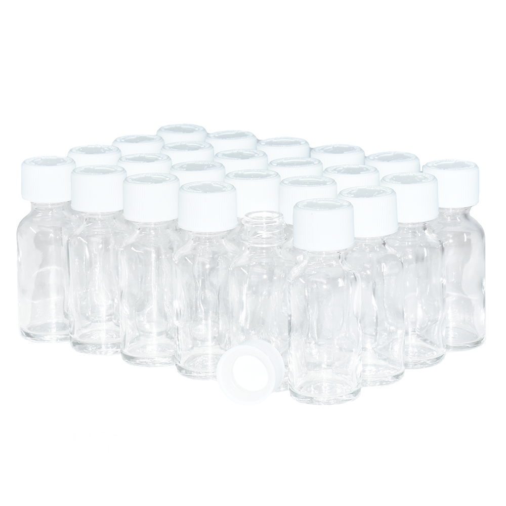 1 oz. Clear Boston Round with White Child-Resistant Cap (20/400) (V23) (V6)-Glass Bottle Outlet