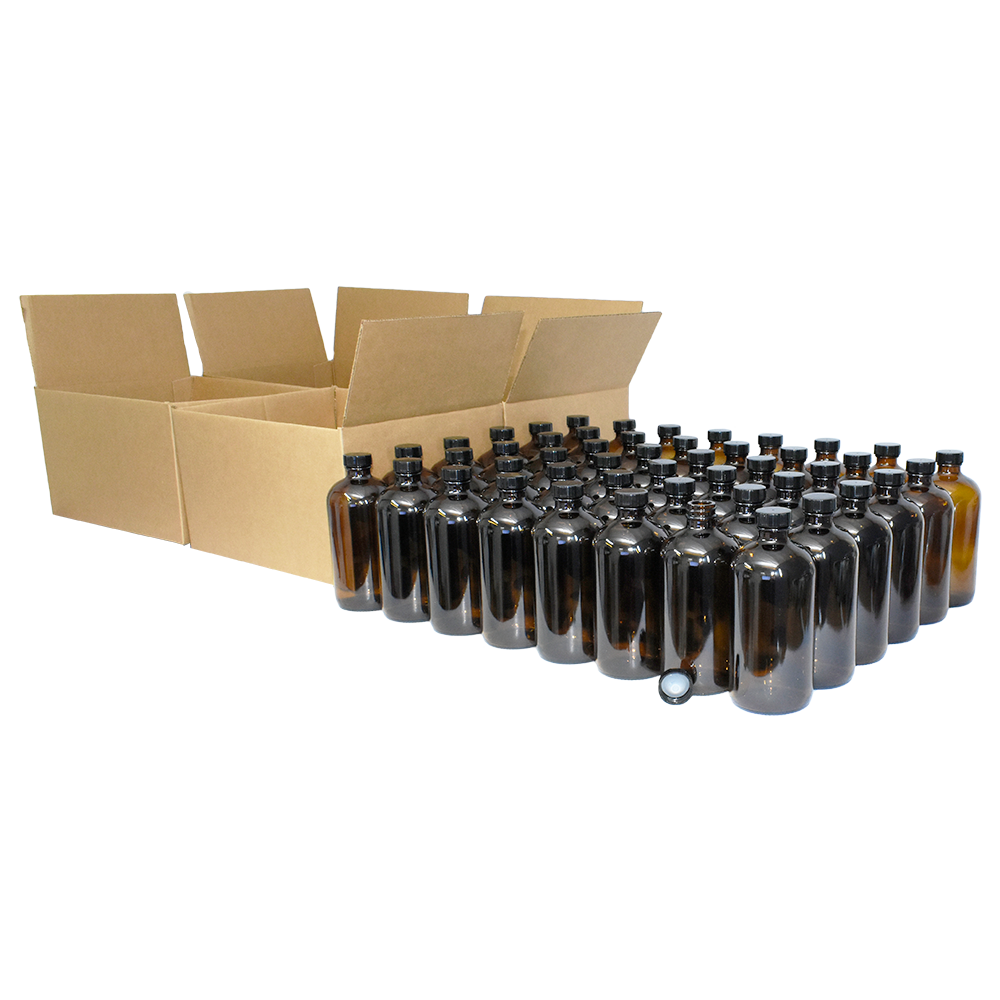 16 oz. Amber Boston Round with Black Poly Cone Cap (28/400) (V5) (V5)