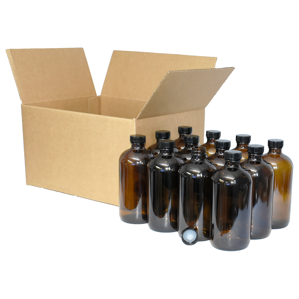 16 oz. Amber Boston Round with Black Poly Cone Cap (28/400) (V5) (V5)