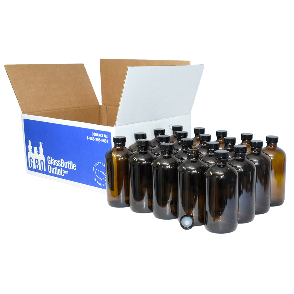 16 oz. Amber Boston Round with Black Poly Cone Cap (28/400) (V5) (V5)