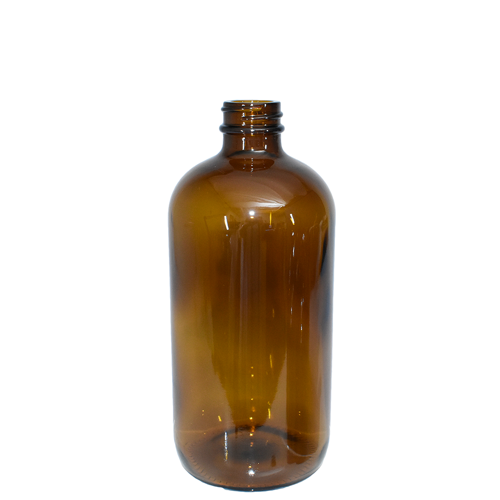 16 oz. Amber Boston Round with Black Poly Cone Caps and Black Trigger Sprayers (28/400) (V23) (V5) (V13)