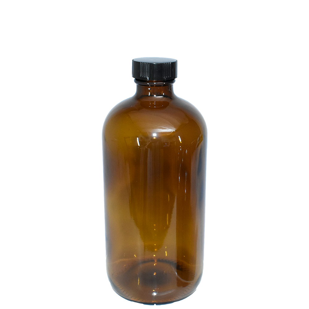 16 oz. Amber Boston Round with Black Poly Cone Caps and Black Trigger Sprayers (28/400) (V23) (V5) (V13)