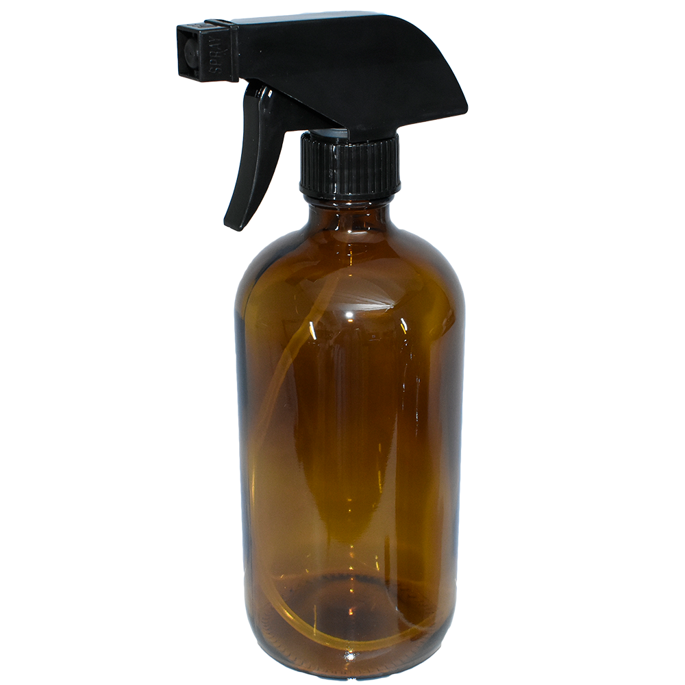 16 oz. Amber Boston Round with Black Poly Cone Caps and Black Trigger Sprayers (28/400) (V23) (V5) (V13)