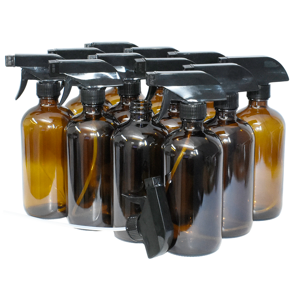 16 oz. Amber Boston Round with Black Trigger Sprayer (28/400) (V23) (V13)-Glass Bottle Outlet