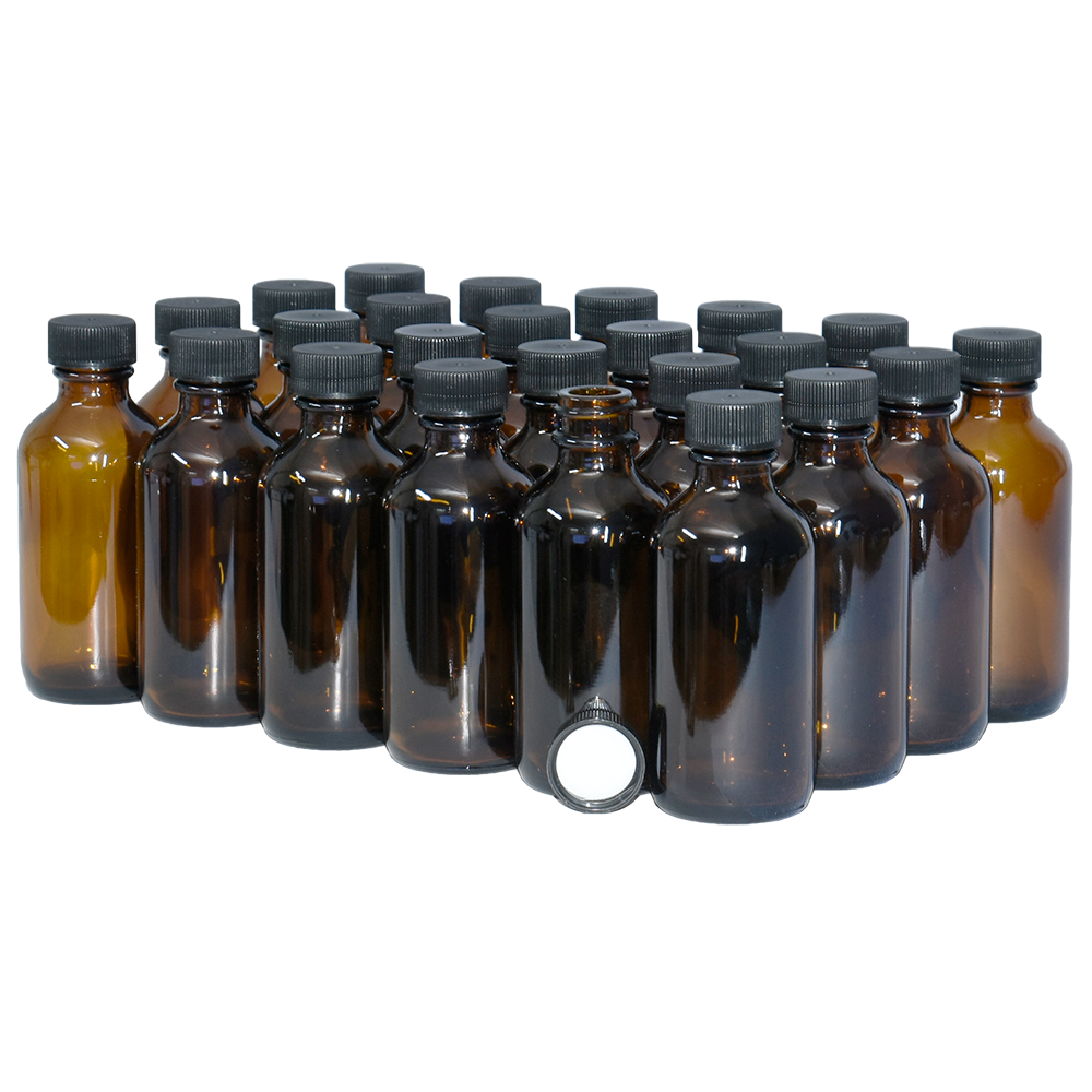 2 oz. Amber Boston Round with Black Cap (20/400) (V23) (V6)-Glass Bottle Outlet