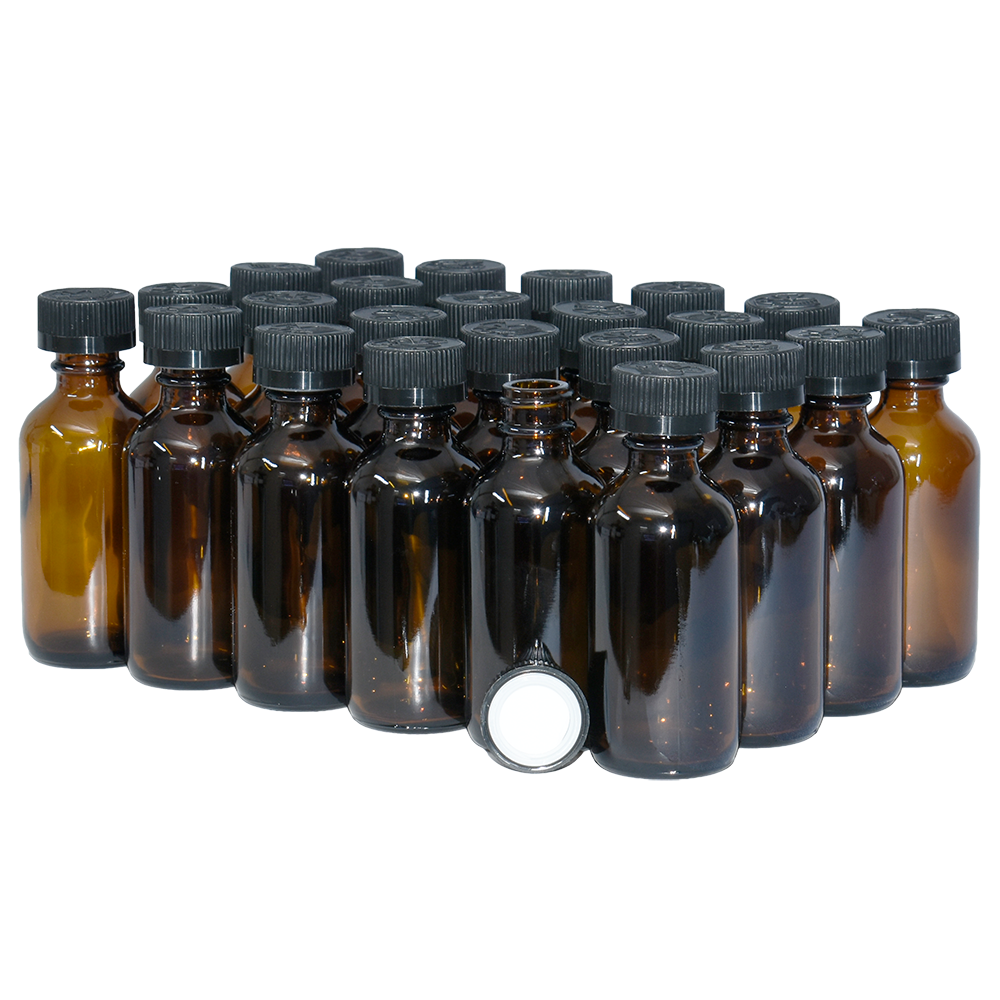 2 oz. Amber Boston Round with Black Child-Resistant Cap (20/400) (V23) (V6)-Glass Bottle Outlet