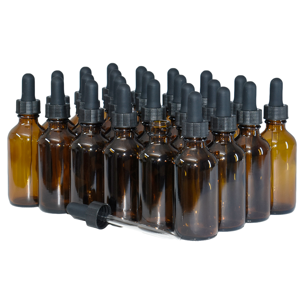 2 oz. Amber Boston Round with Large Bulb Black Glass Dropper (20/400) (V23) (V23)-Glass Bottle Outlet