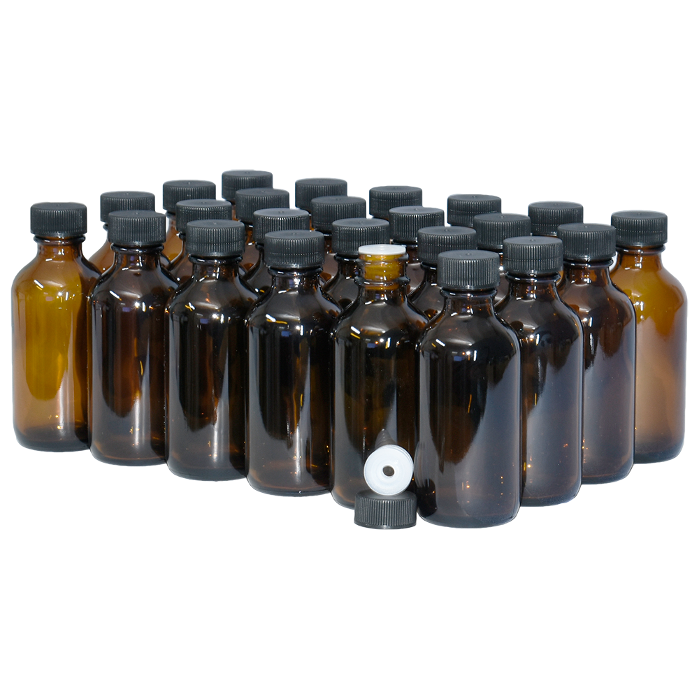2 oz. Amber Boston Round with Reducer and Black Cap (20/400) (V23) (V6)-Glass Bottle Outlet