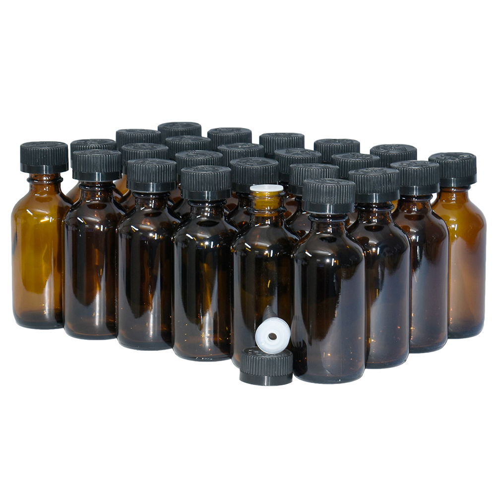2 oz. Amber Boston Round with Reducer and Black Child-Resistant Cap (20/400) (V23) (V6)-Glass Bottle Outlet