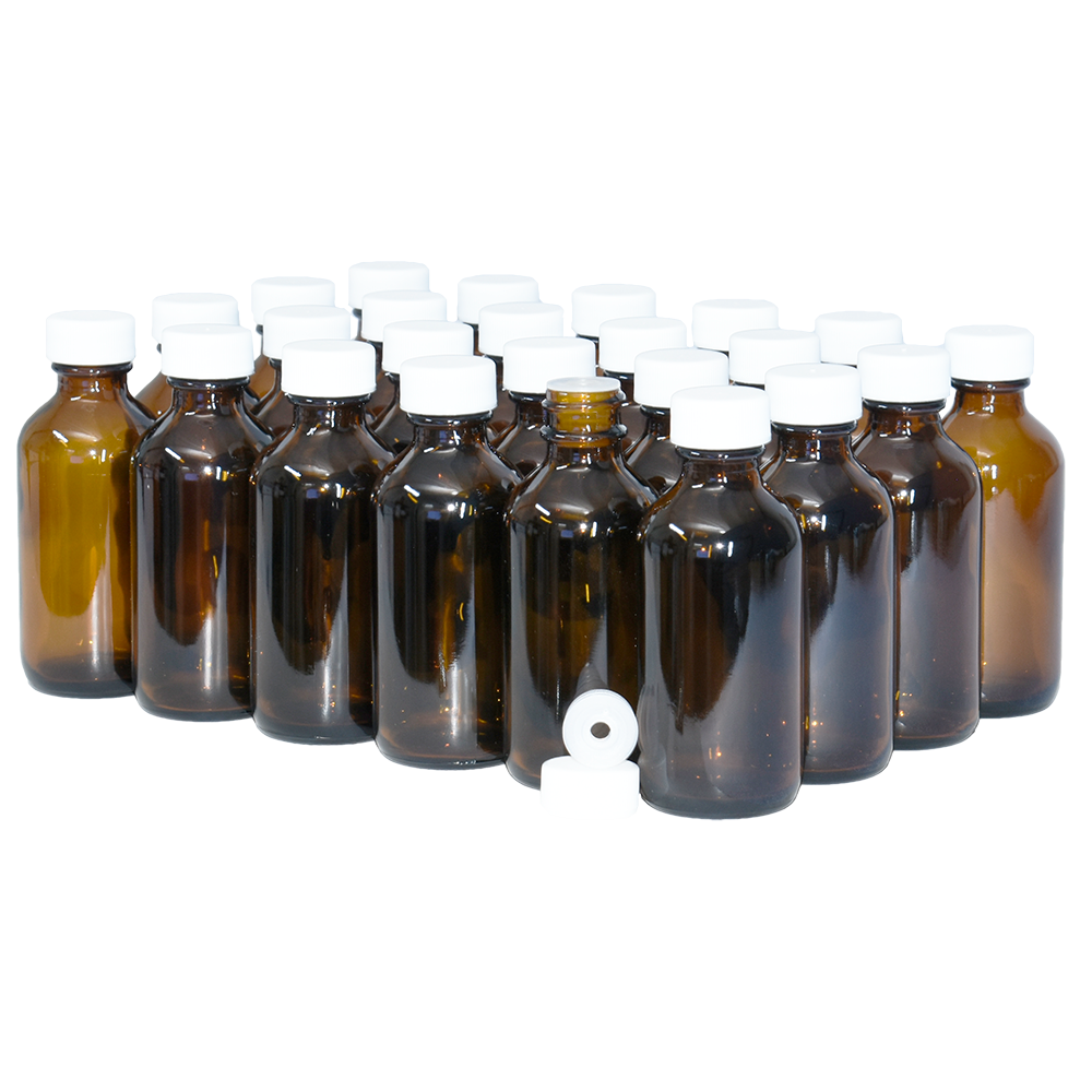 2 oz. Amber Boston Round with Reducer and White Cap (20/400) (V23) (V1)-Glass Bottle Outlet