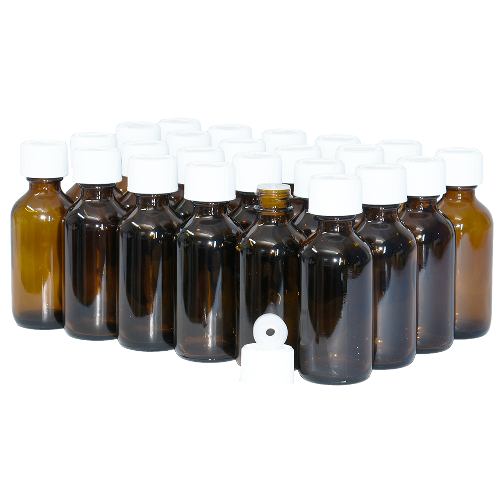 2 oz. Amber Boston Round with Reducer and White Child-Resistant Cap (20/400) (V23) (V6)-Glass Bottle Outlet