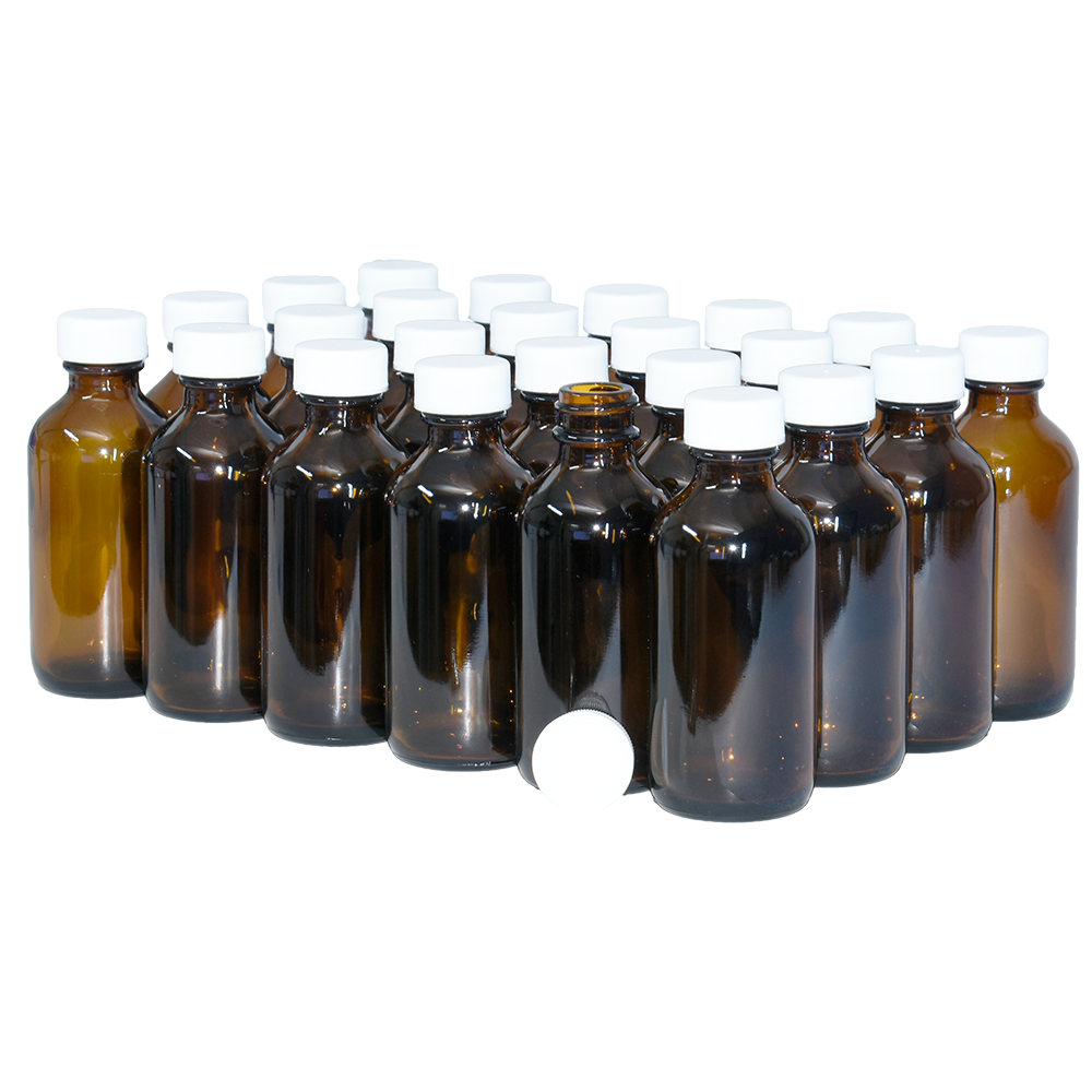 2 oz. Amber Boston Round with White Cap (20/400) (V23) (V1)-Glass Bottle Outlet