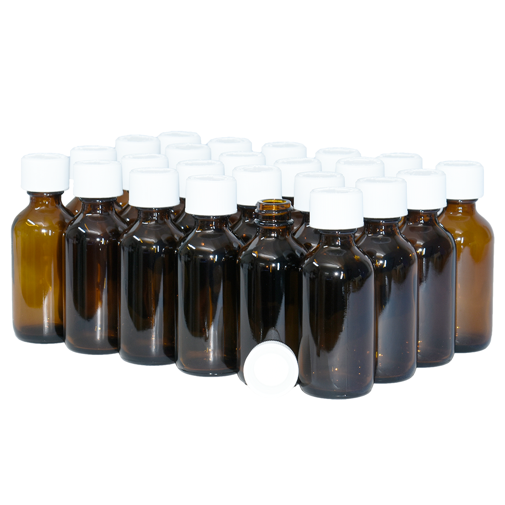 2 oz. Amber Boston Round with White Child-Resistant Cap (20/400) (V8) (V1)-Glass Bottle Outlet