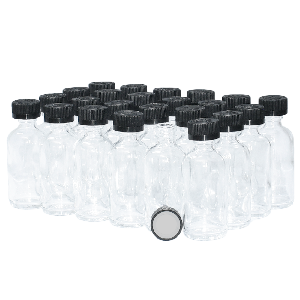 2 oz. Clear Boston Round with Black Child-Resistant Cap (20/400) (V23) (V6)-Glass Bottle Outlet