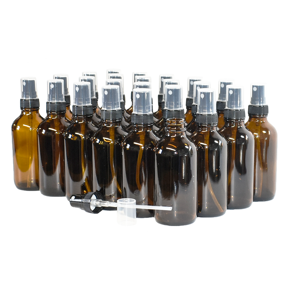 4 oz. Amber Boston Round with Black Fine-Mist Sprayer (Ribbed) (22/400) (V23) (V8)