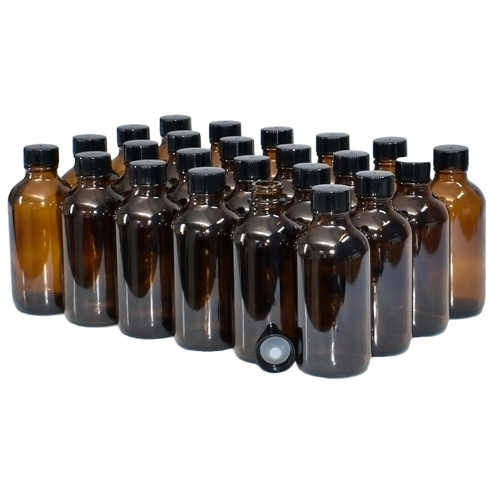 30ML (1 oz) Amber Boston Round Bottles w/ black Metal Cap