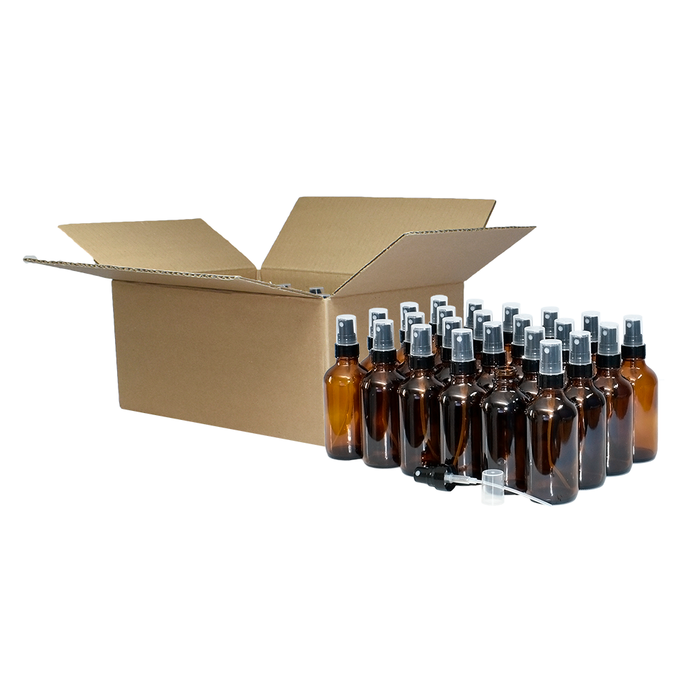 4 oz. Amber Boston Round with Black Fine-Mist Sprayer (Smooth) (22/400) (V8) (V20)-Glass Bottle Outlet