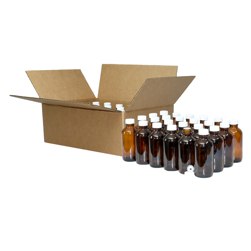 4 oz. Amber Boston Round with Reducer and White Cap (22/400) (V8) (V1)-Glass Bottle Outlet