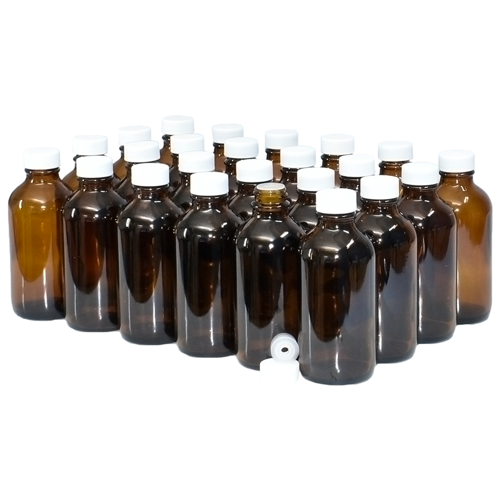 4 oz. Amber Boston Round with Reducer and White Cap (22/400) (V8) (V1)-Glass Bottle Outlet