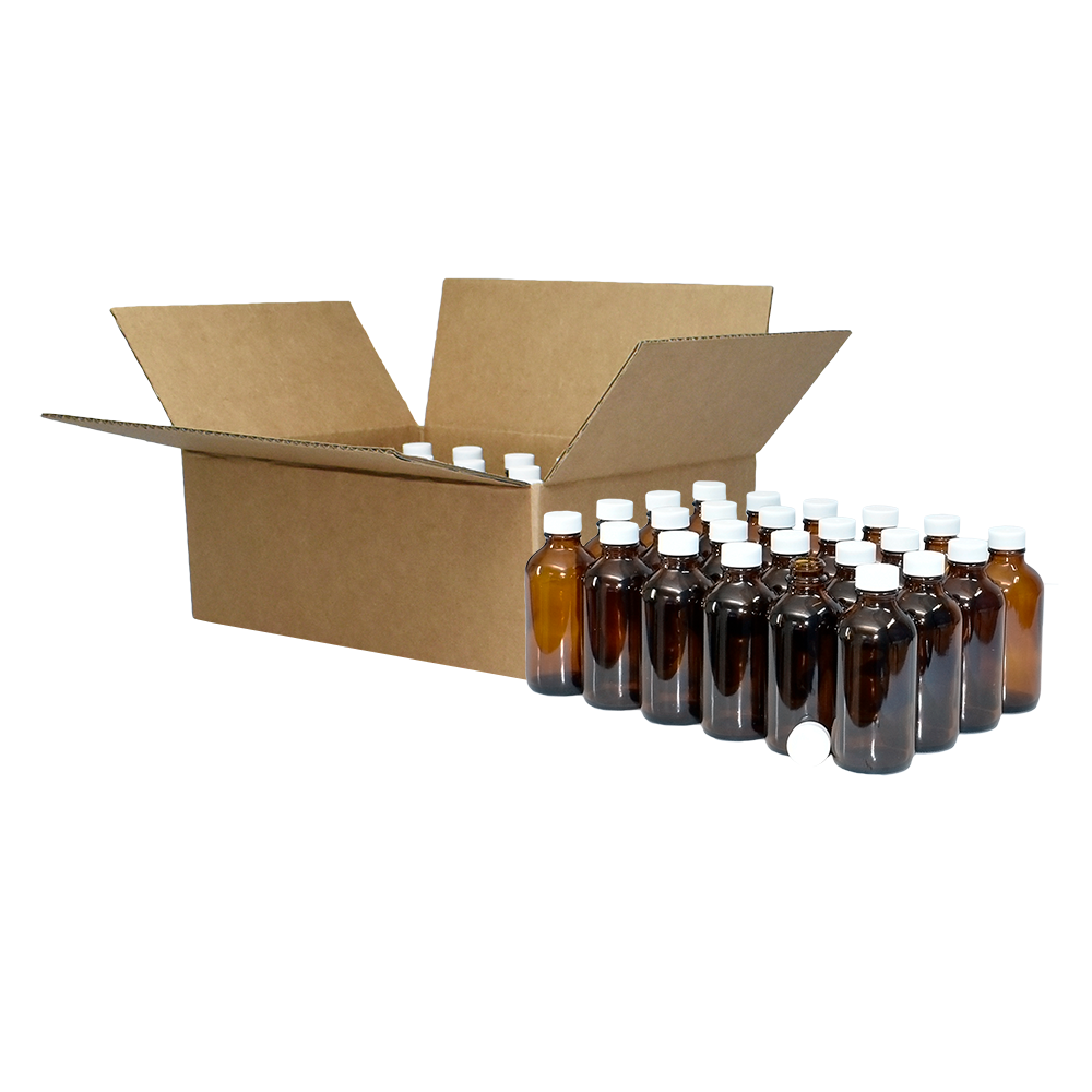 4 oz. Amber Boston Round with White Cap (22/400) (V8) (V1)-Glass Bottle Outlet