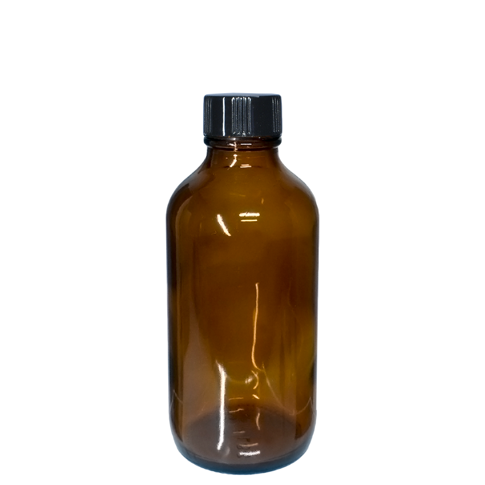 4 oz. Amber Boston Round with Black Cone Lined Cap (22/400) (V23) (V5)