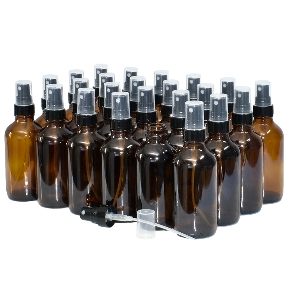 4 oz. Amber Boston Round with Black Fine-Mist Sprayer (Smooth) (22/400) (V23) (V20)-Glass Bottle Outlet