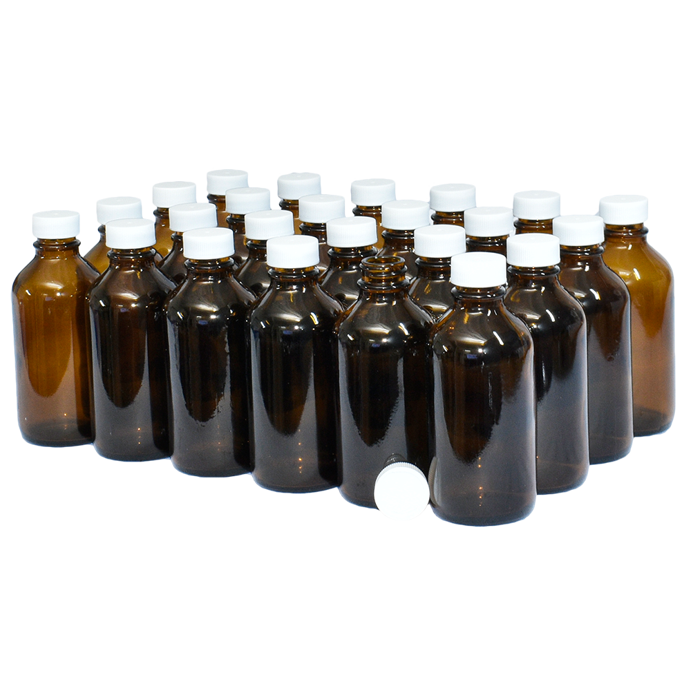 4 oz. Amber Boston Round with White Cap (22/400) (V5) (V1)-Glass Bottle Outlet