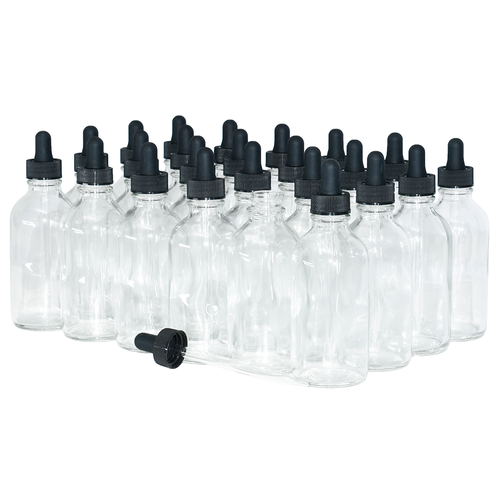 4 oz. Clear Boston Round with Black Glass Dropper (22/400) (V23) (V8)-Glass Bottle Outlet