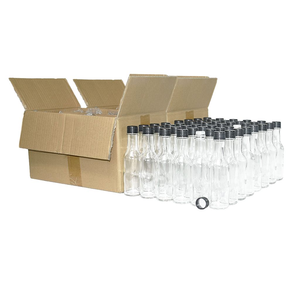 5 oz. Clear Glass Hot Sauce Bottle with Black Foam-Lined Cap and Orifice Reducer (24/414) (V23) (V23)